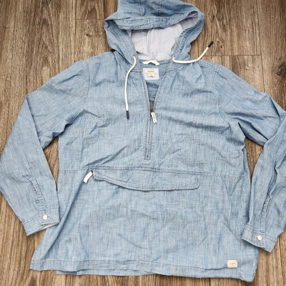 LL Bean Chambray Anorak Hoodie Light Blue Pullover Kangaroo Pocket Size Large - Picture 1 of 13